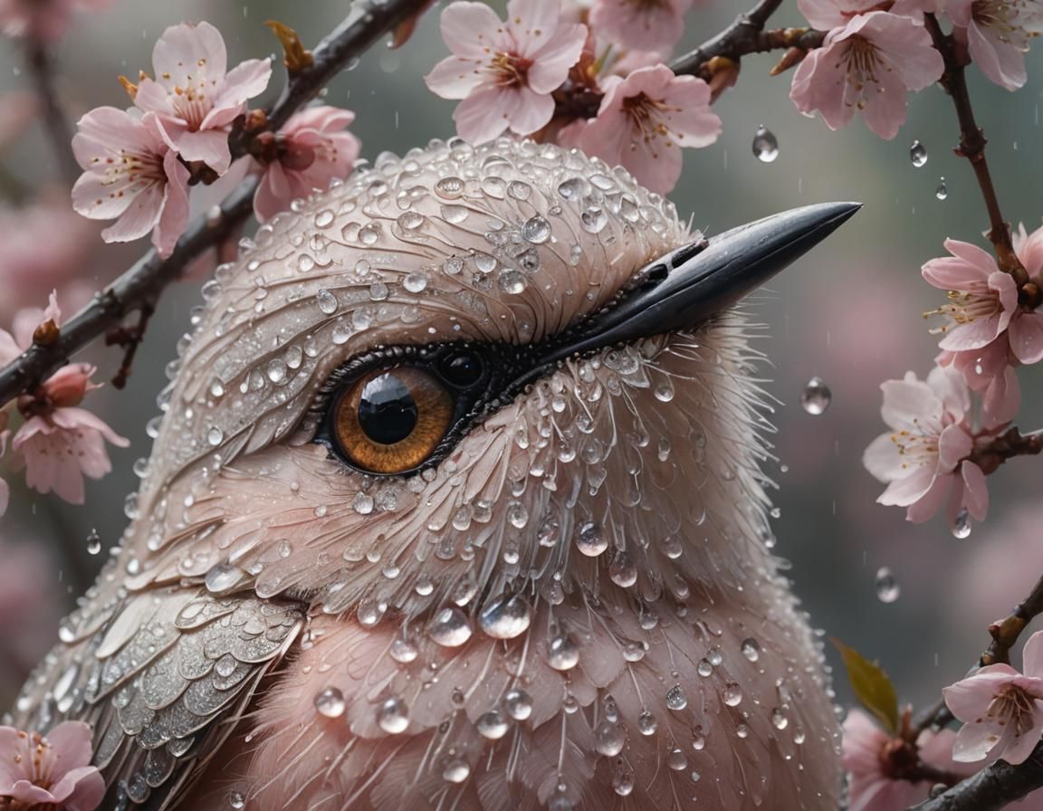 Dew-Kissed Bird with Cherry Blossoms in Ethereal Light