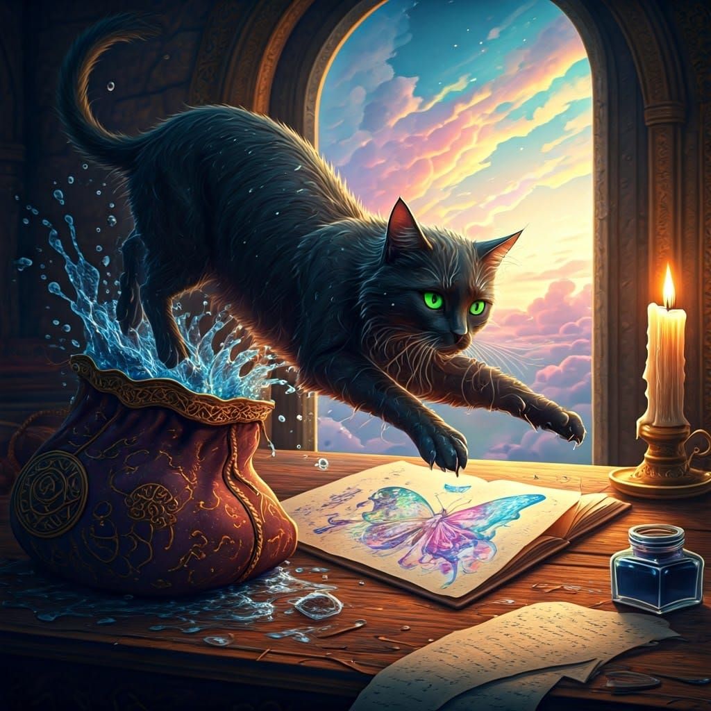 Majestic Black Cat Emerges from Enchanted Bag