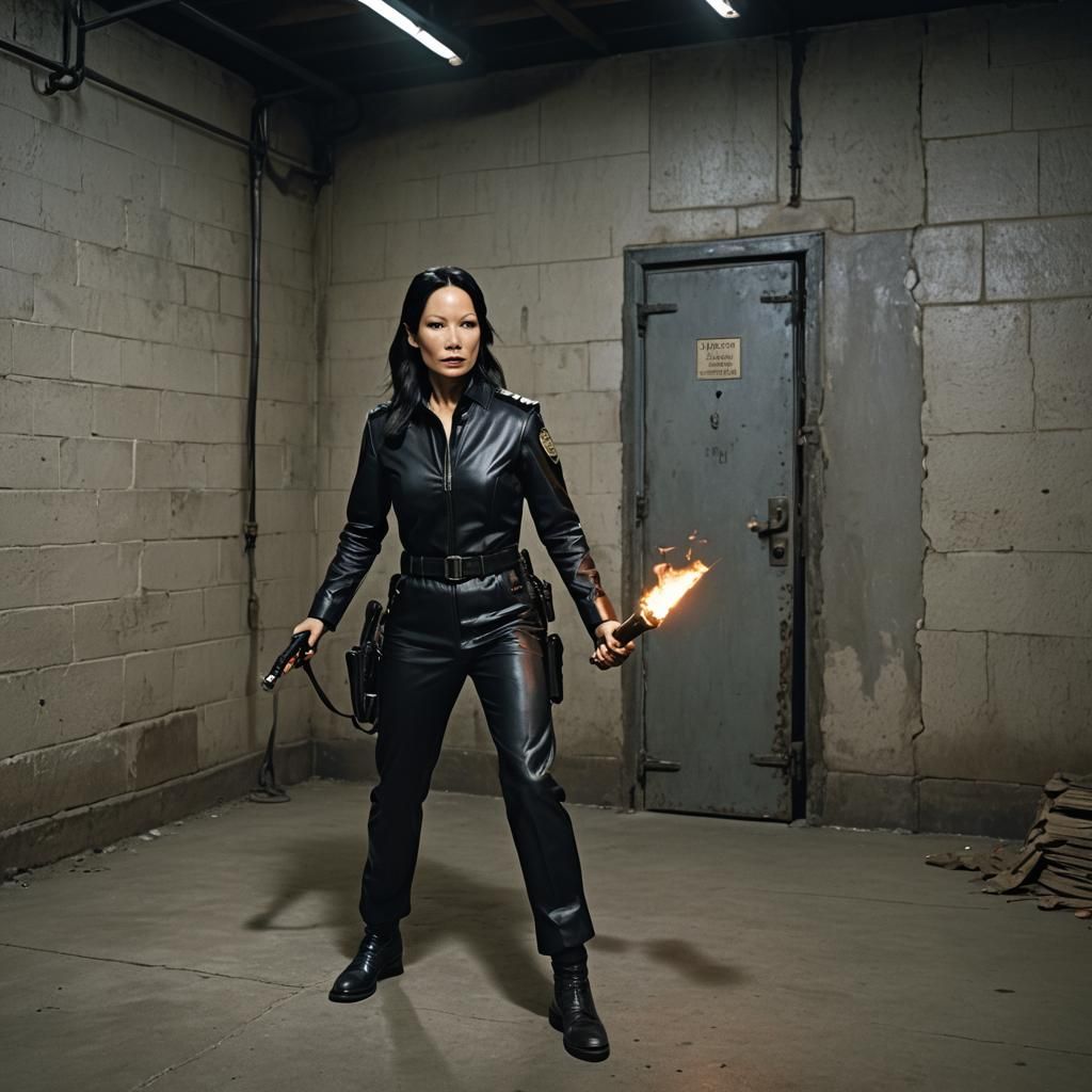 Cinematic Prison Guard Exploring Dark Basement