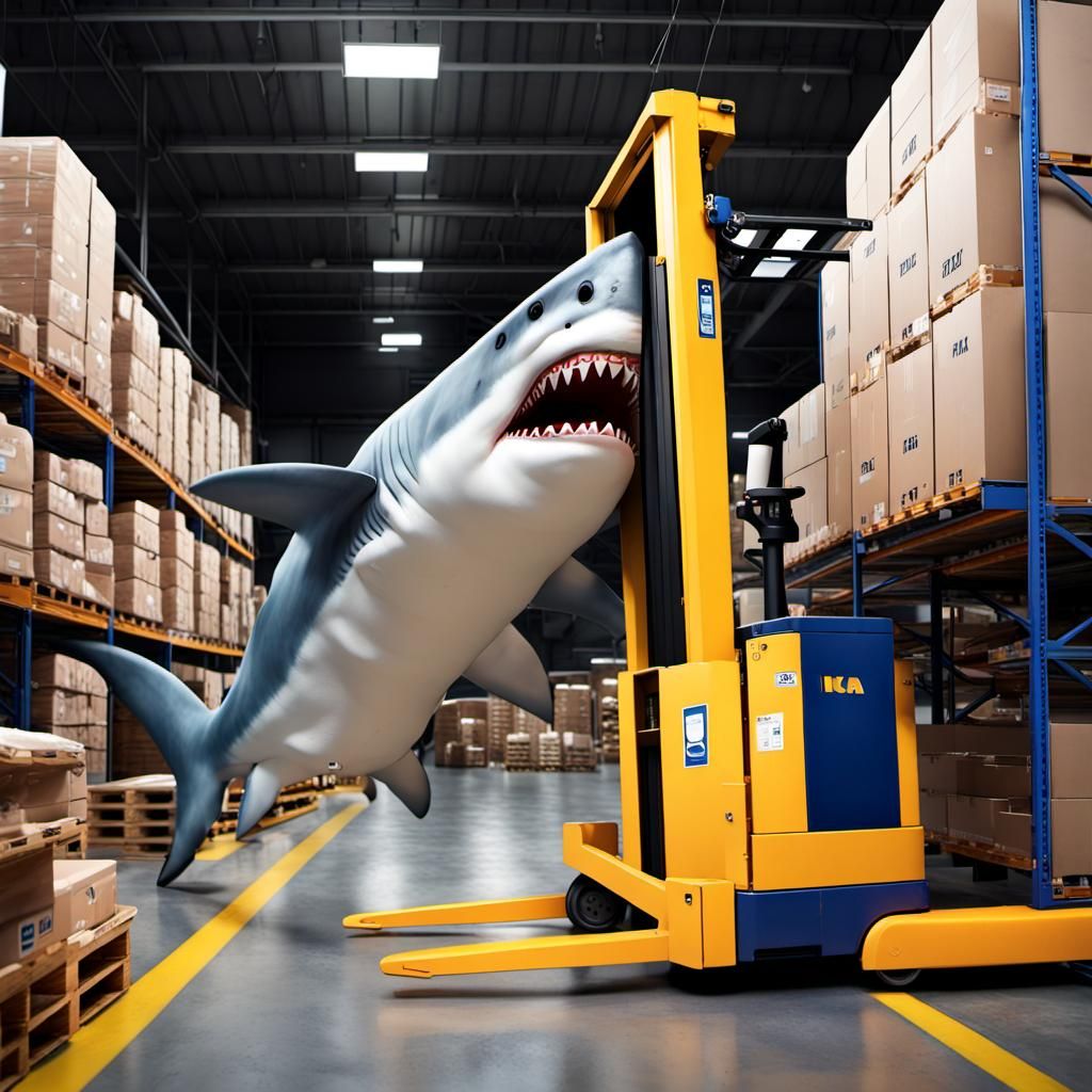 Friendly IKEA Shark in Warehouse: Hyperrealistic Concept Art