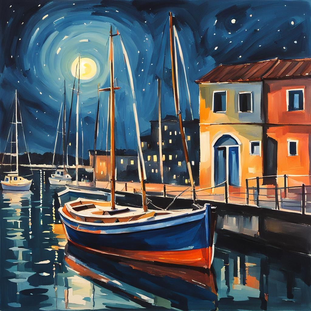 Night Marina Scene in Gouache Style