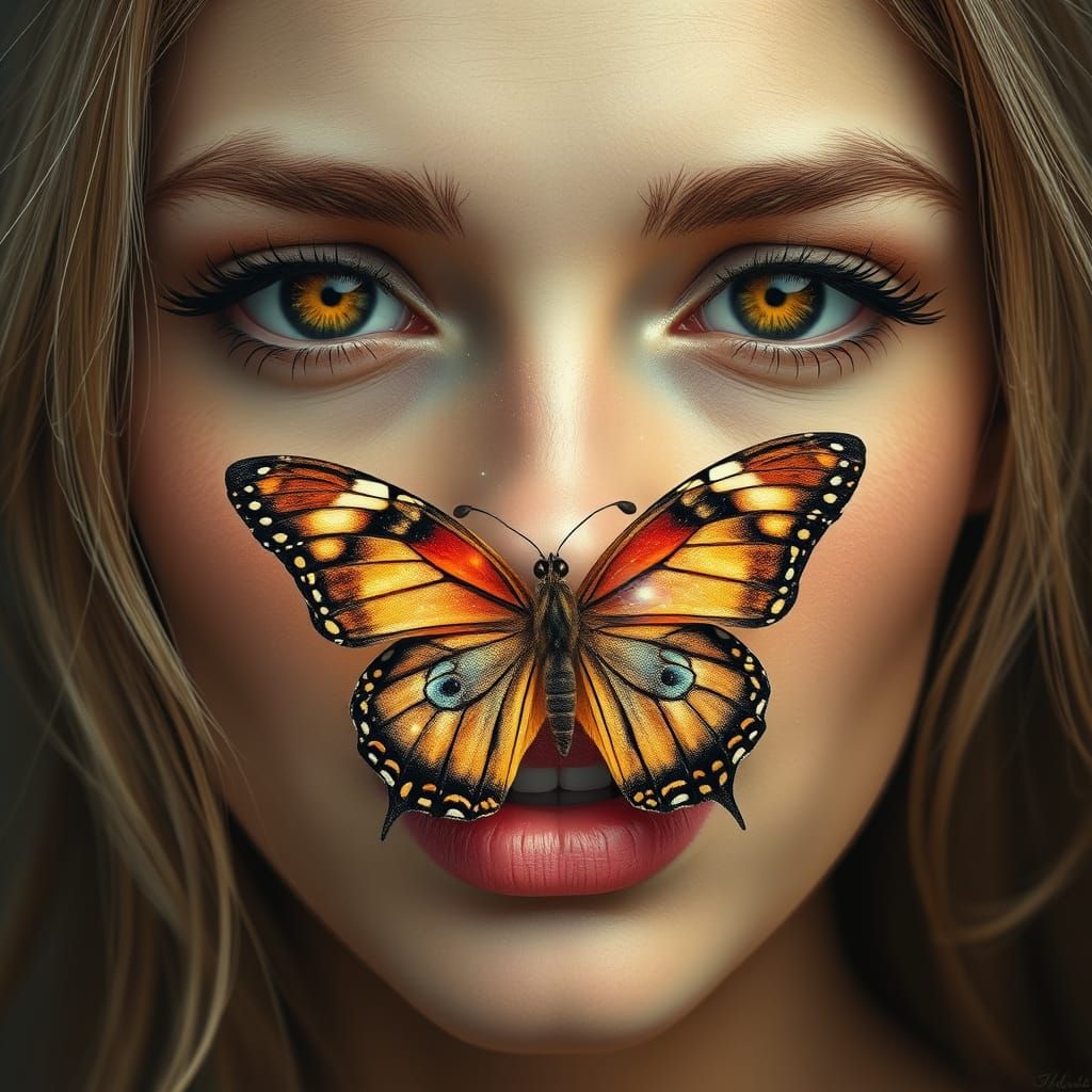 Stunning Woman with Amber Eyes and Celestial Butterfly