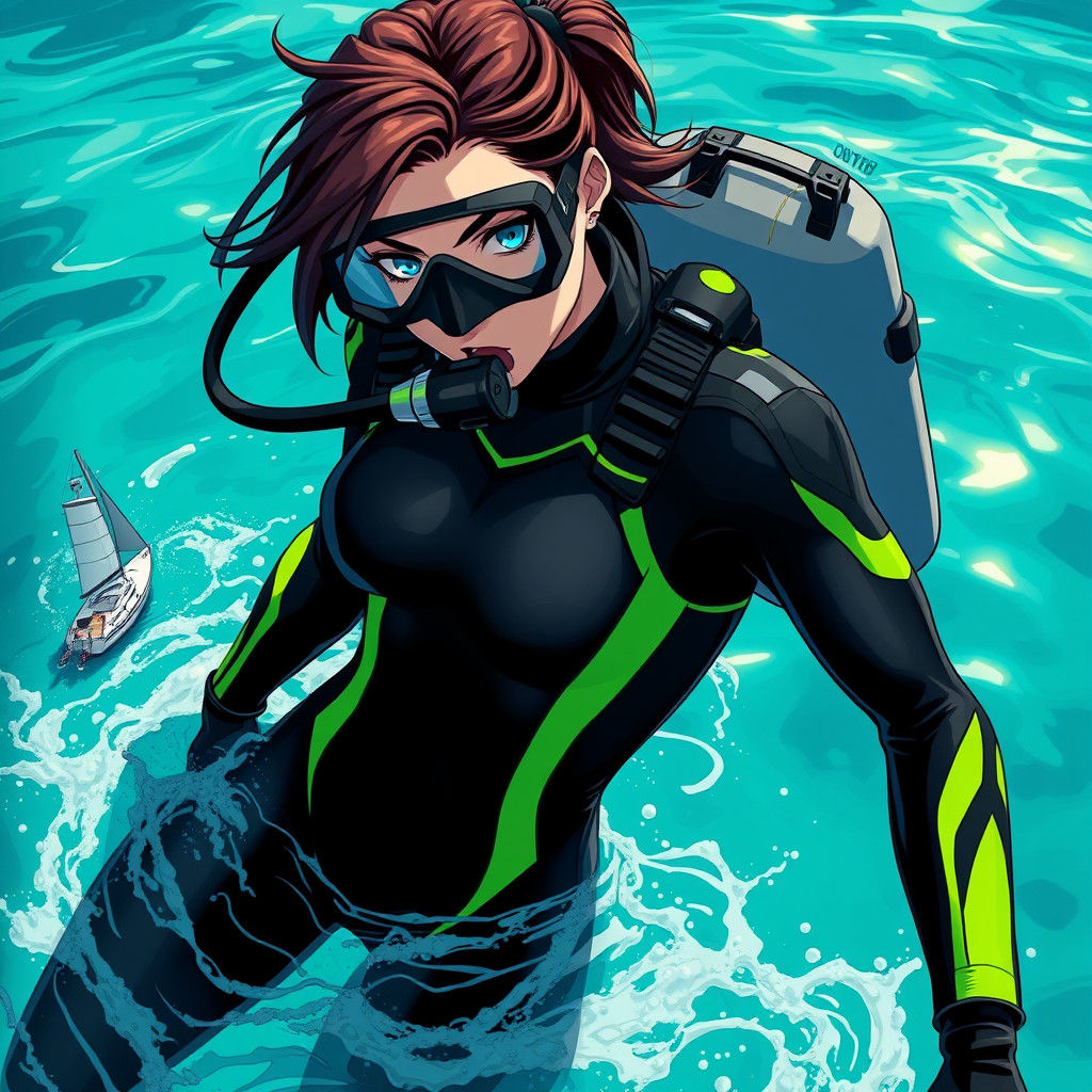 Giant Scuba Diver Emerges from Turquoise Sea