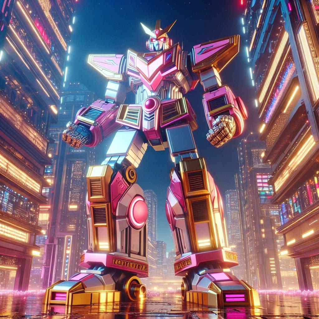 Penguin Super Sentai Robot Over Neon Metropolis