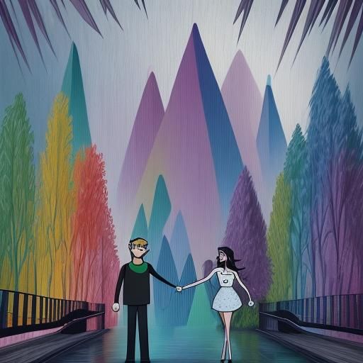 An elaborate cartoon image of a couple walking hand in hand through a park
o different rainbow colours, clean image