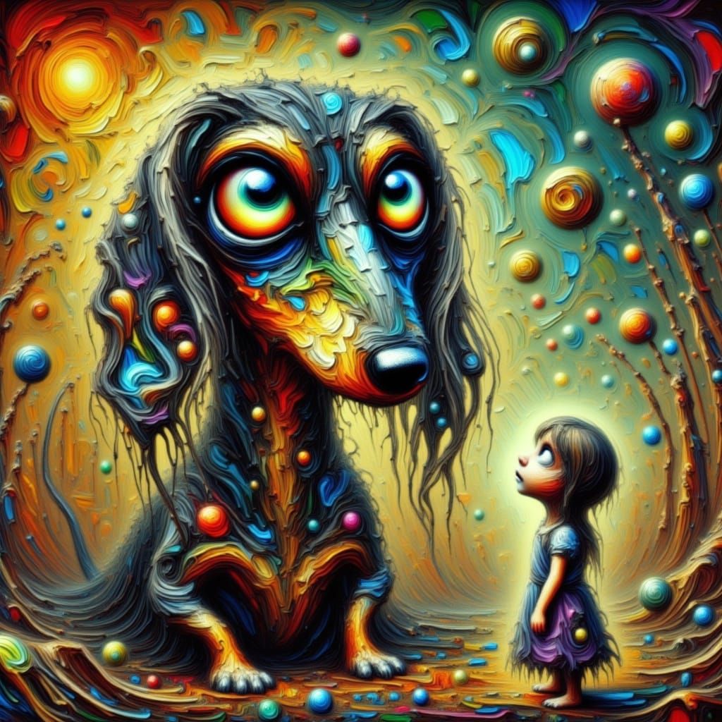 Whimsical Dachshund Goddess Descends Upon a Curious Child