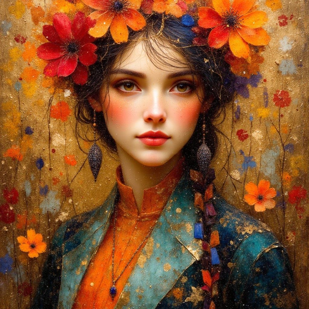 Nature Goddess in Gold and Teal Hues