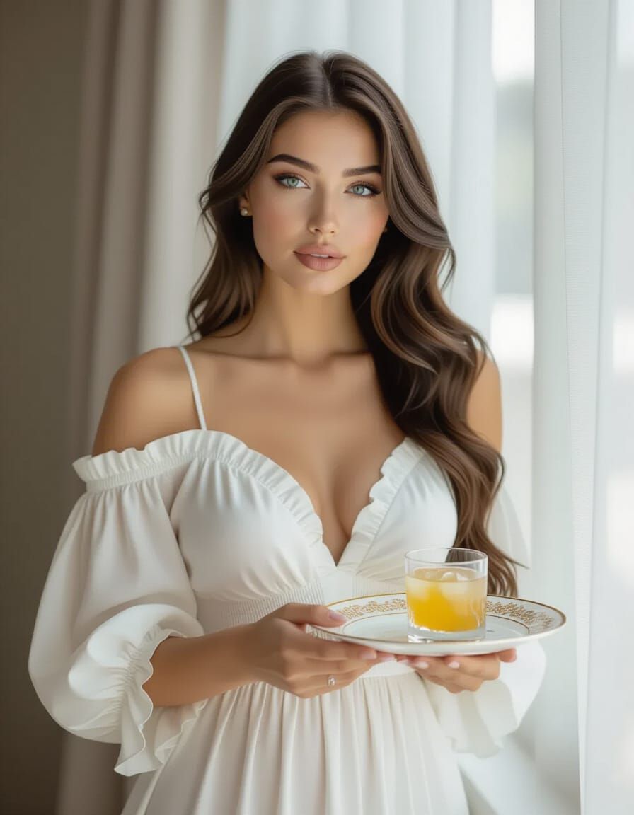 Curvy Maid With Cocktail in Art Nouveau Style