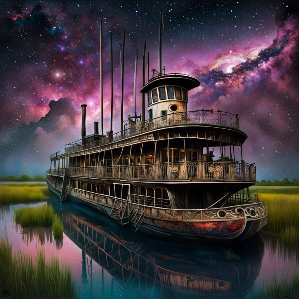 Steamboat on a Nebula-Colored New Orleans Swamp