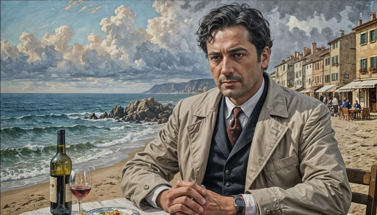 Colombo Enjoying Wine at Seaside Restaurant as Oil Painting