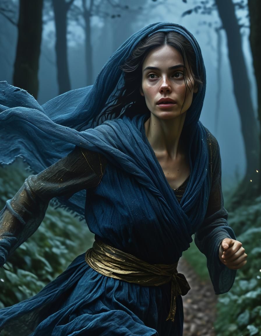 Chiaroscuro Painting: Woman Running in Forest at Night