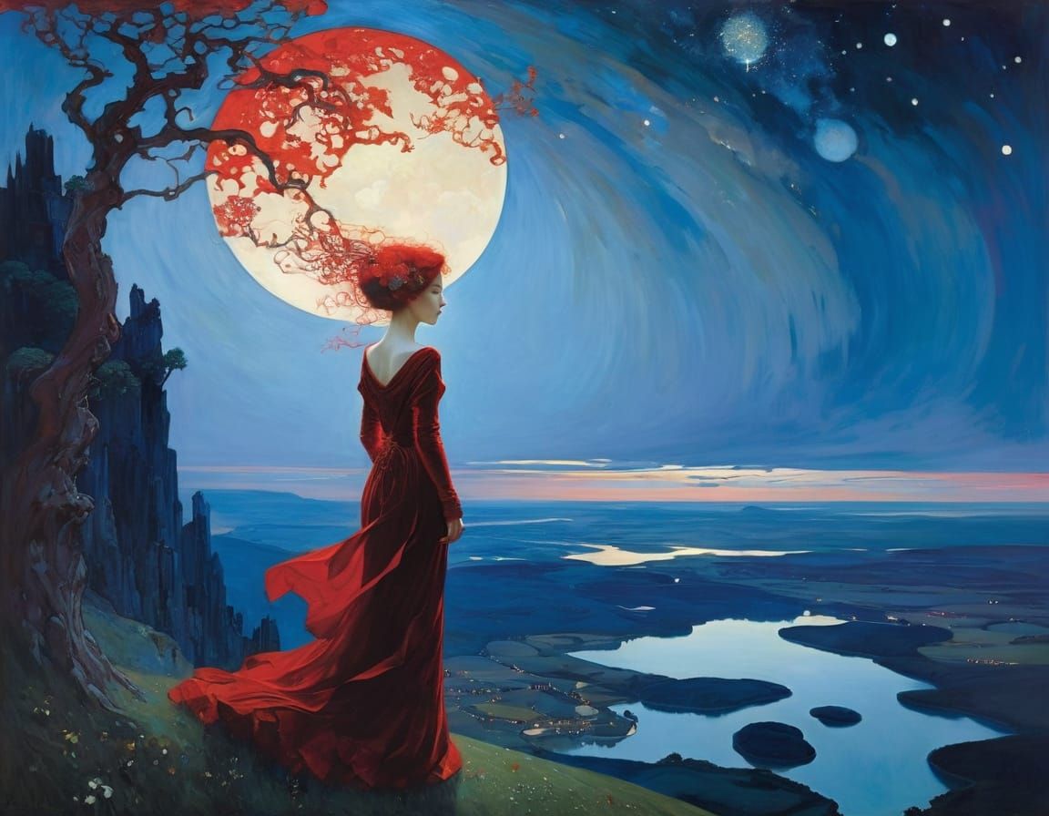 Fiery Red Composition in Symbolist Style