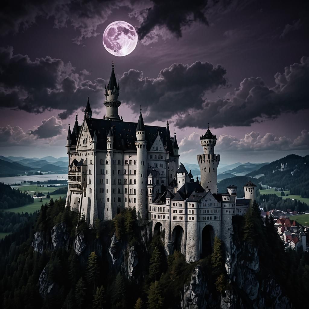 Eerie Neuschwanstein Castle in Dark Romanticism Style