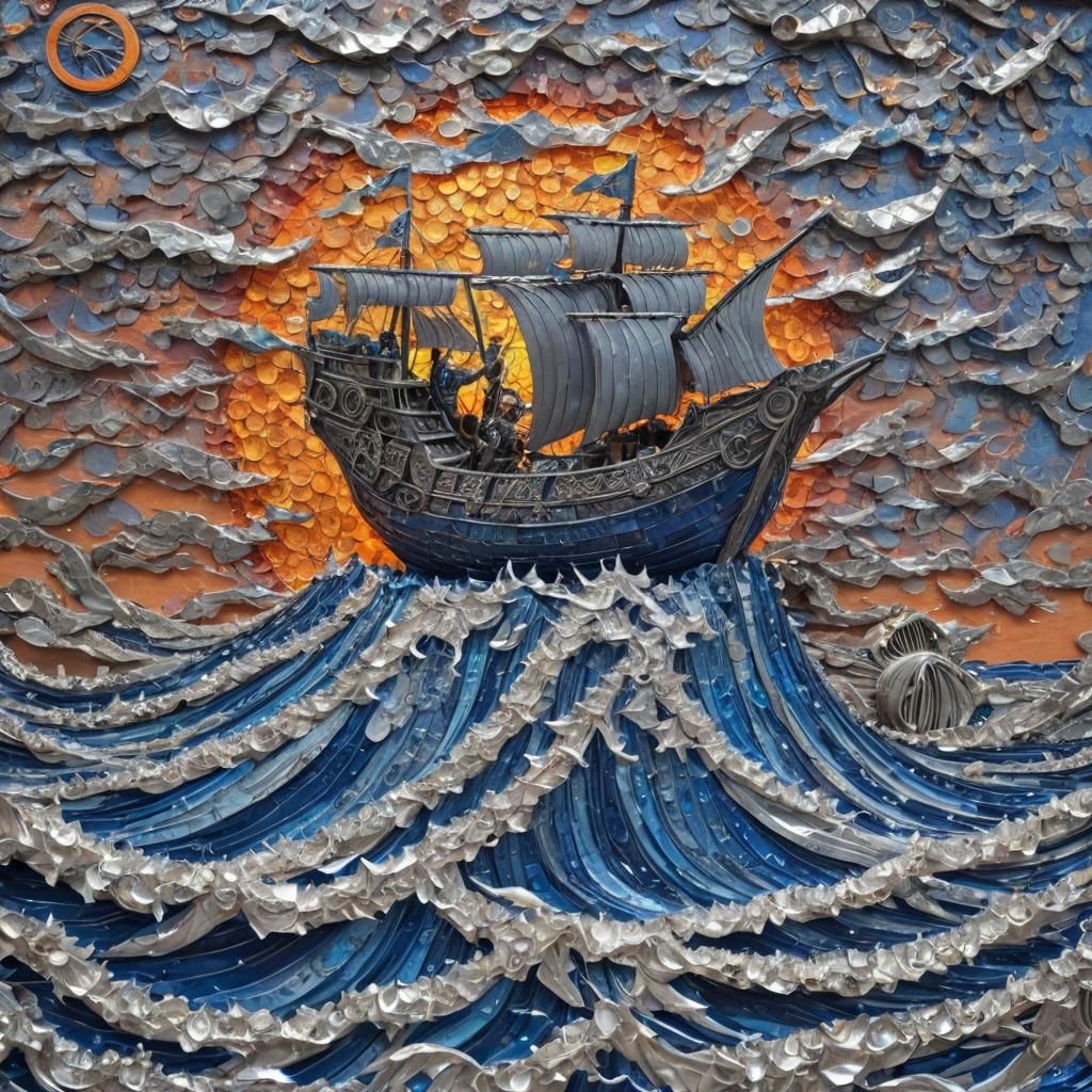 Junk Art Viking Ship on Textured Ocean