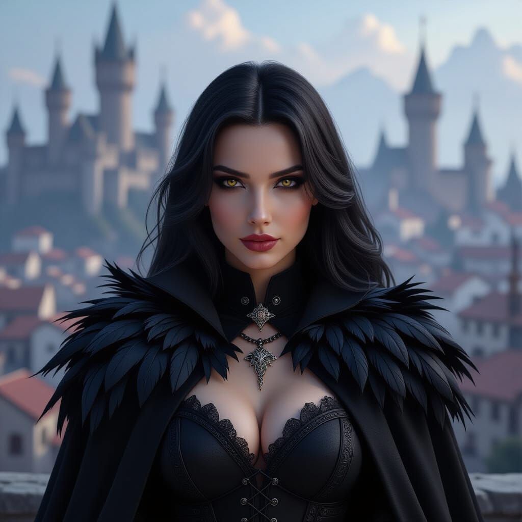 Black-Haired Sorceress in Raven Feather Cape