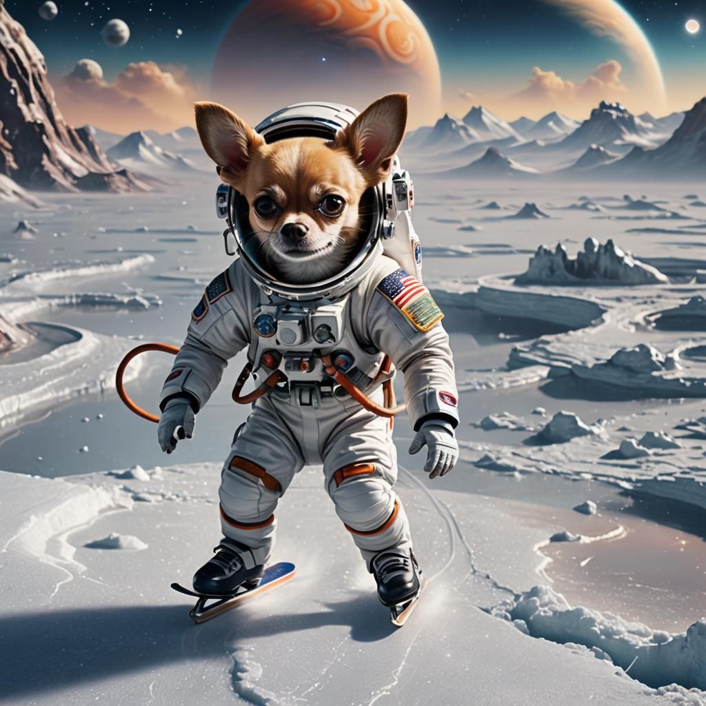Astronaut Chihuahua Skating on Saturn Rings
