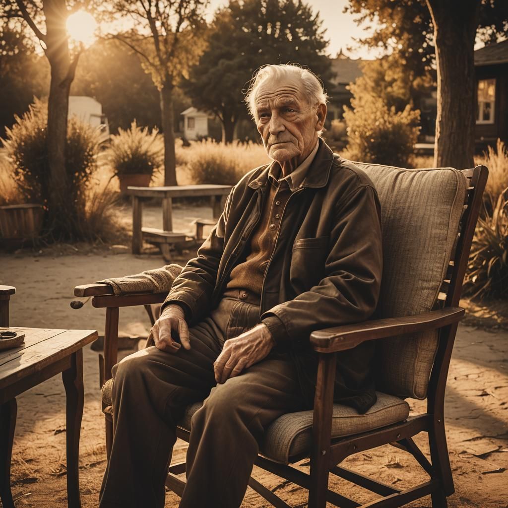 Nostalgic Sunset Scene with Old Man in Sepia