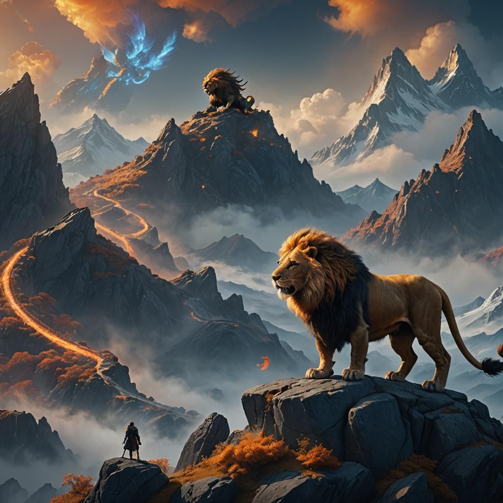 Lion and Dragon Hybrid on Misty Peak