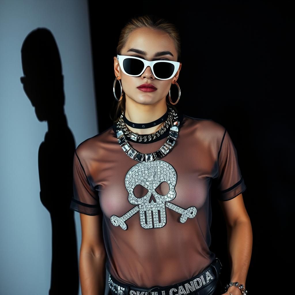 Sheer Top Model with Skull Logo in Edgy Fashion