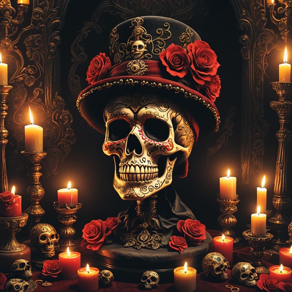 Ornate Sugar Skull Still Life in Matte Painting Style