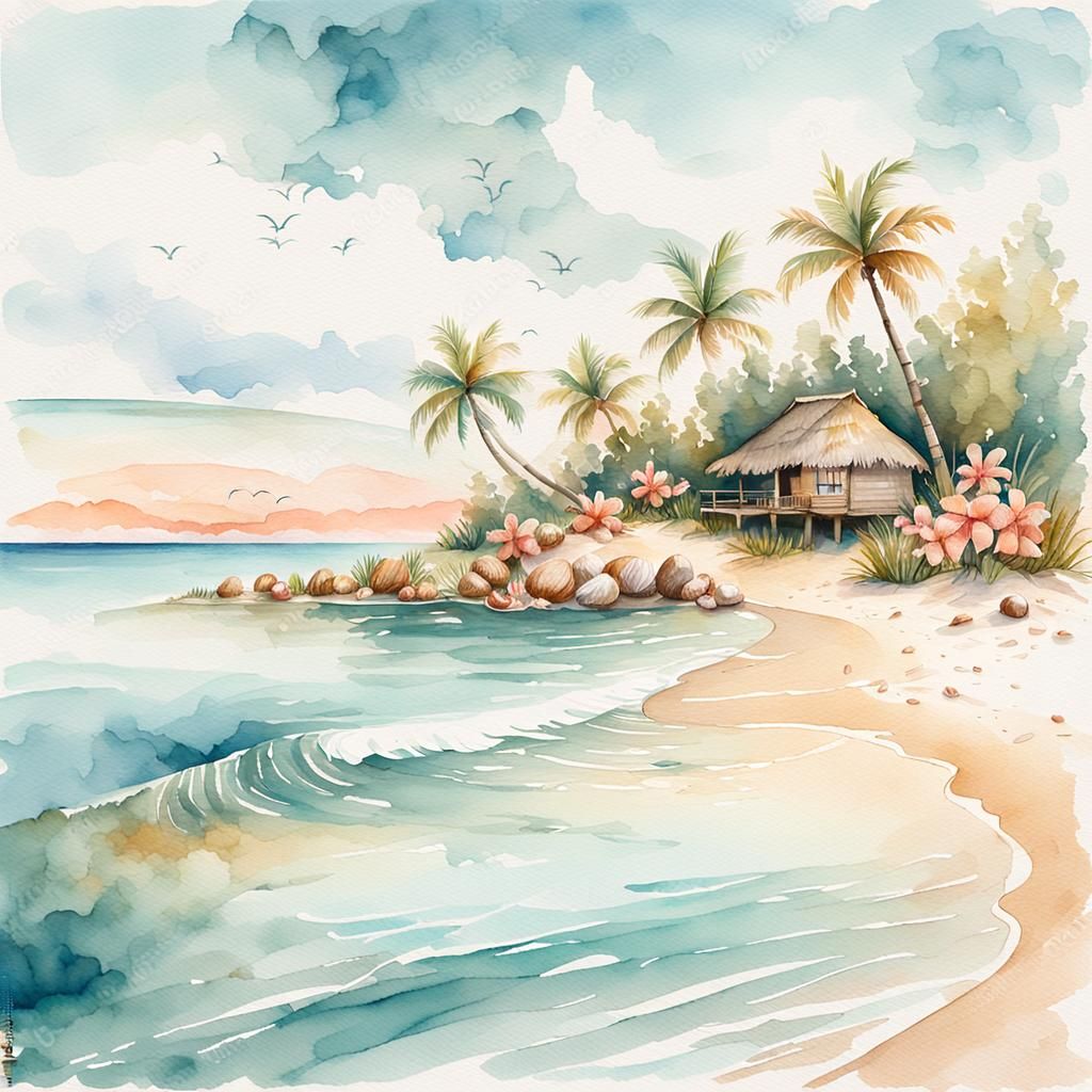 Create a watercolor background depicting a serene, idyllic i...