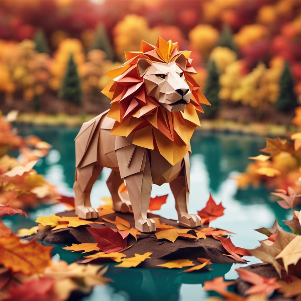 Autumn Leaf Origami Lion Overlooking Lake