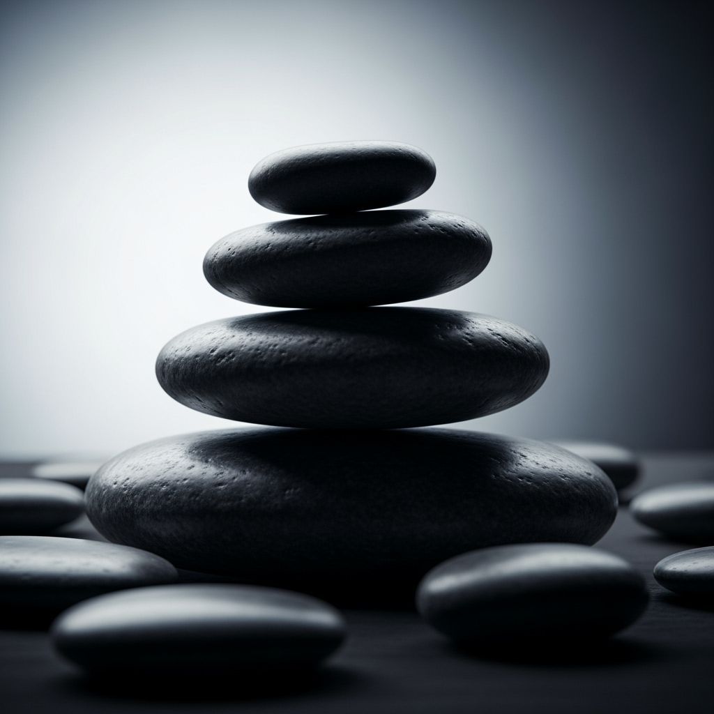 Zen Stones Stacked in Balance, Cinematic Live-Action Style