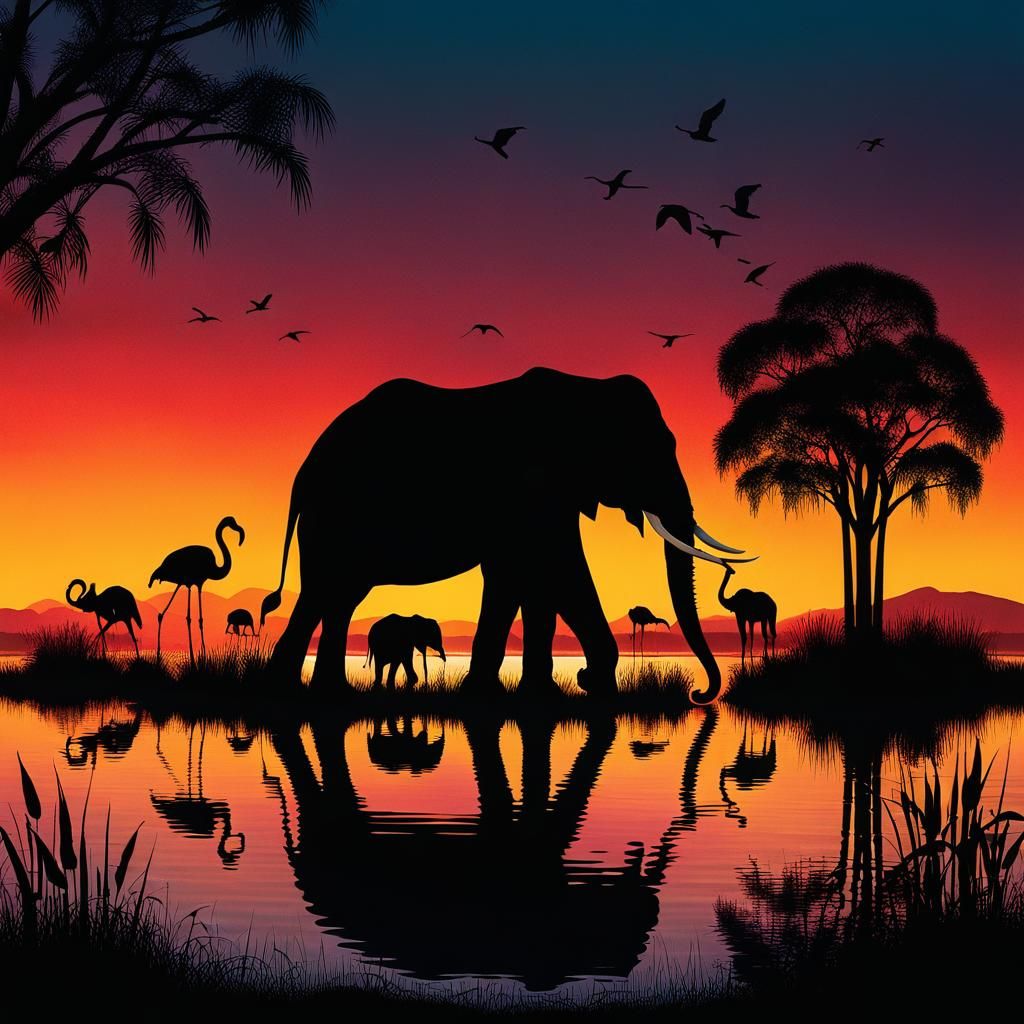 Elephants and Flamingos at Dusk in Graphic Style
