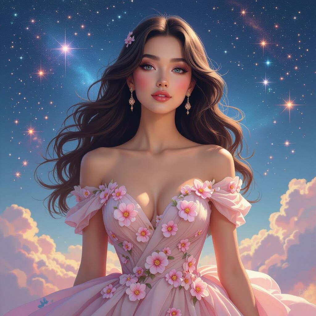 Stunning Woman in Pink Cherry Blossom Dress Amidst Pastel Ga...