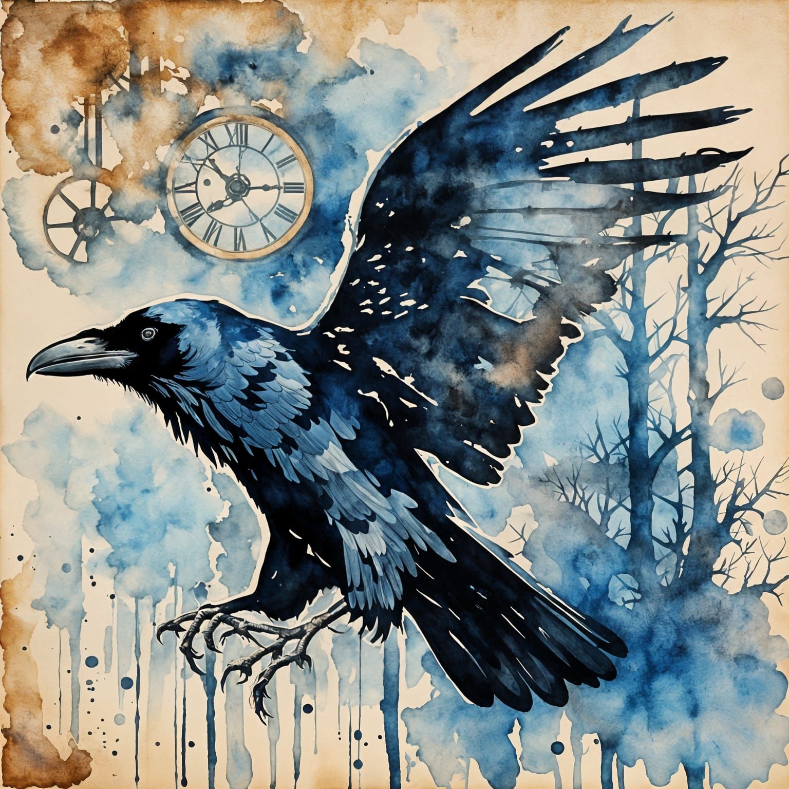 Raven Silhouette in Steampunk Forest, Ink and Watercolour