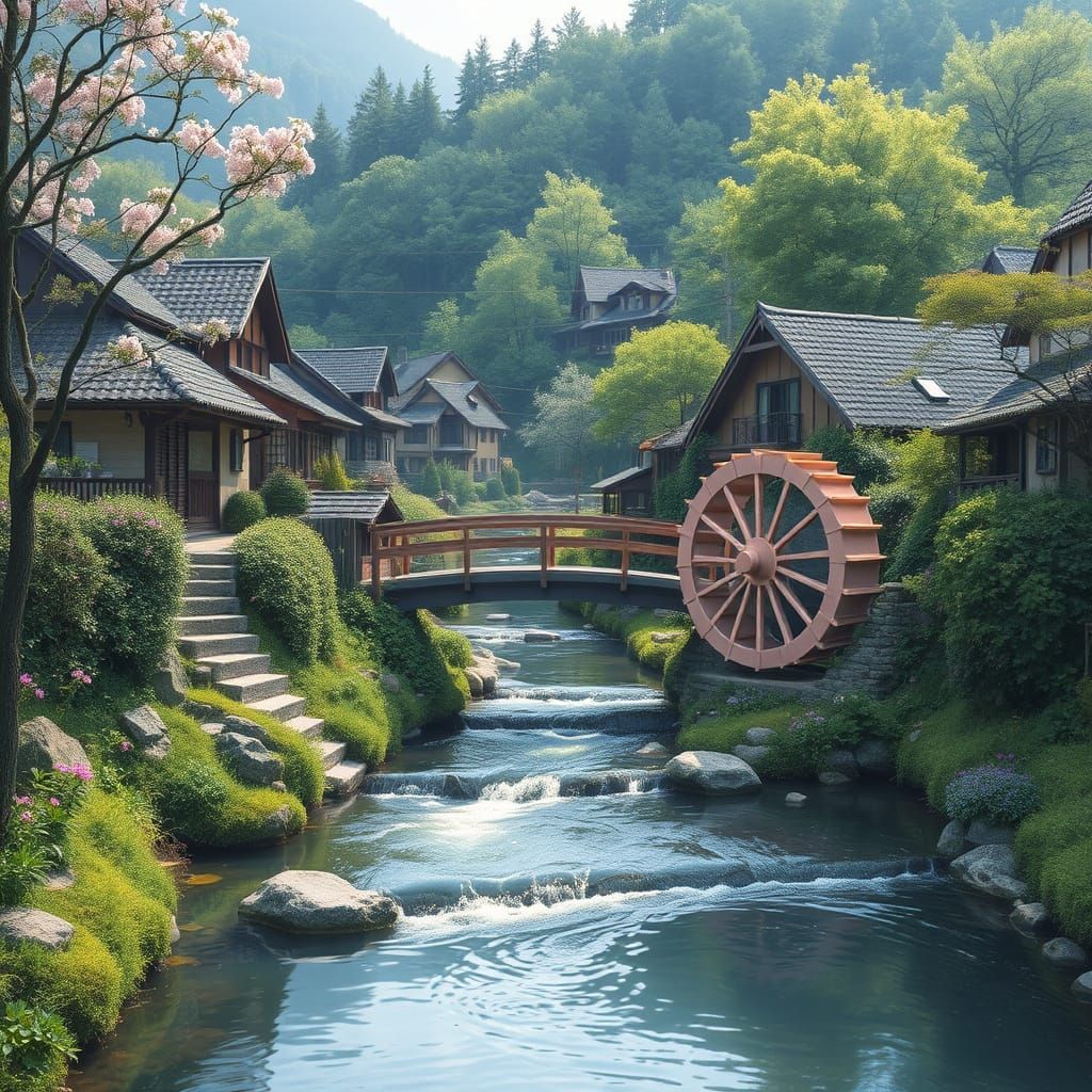 Picturesque Village with Pink Waterwheel in Miyazaki Style