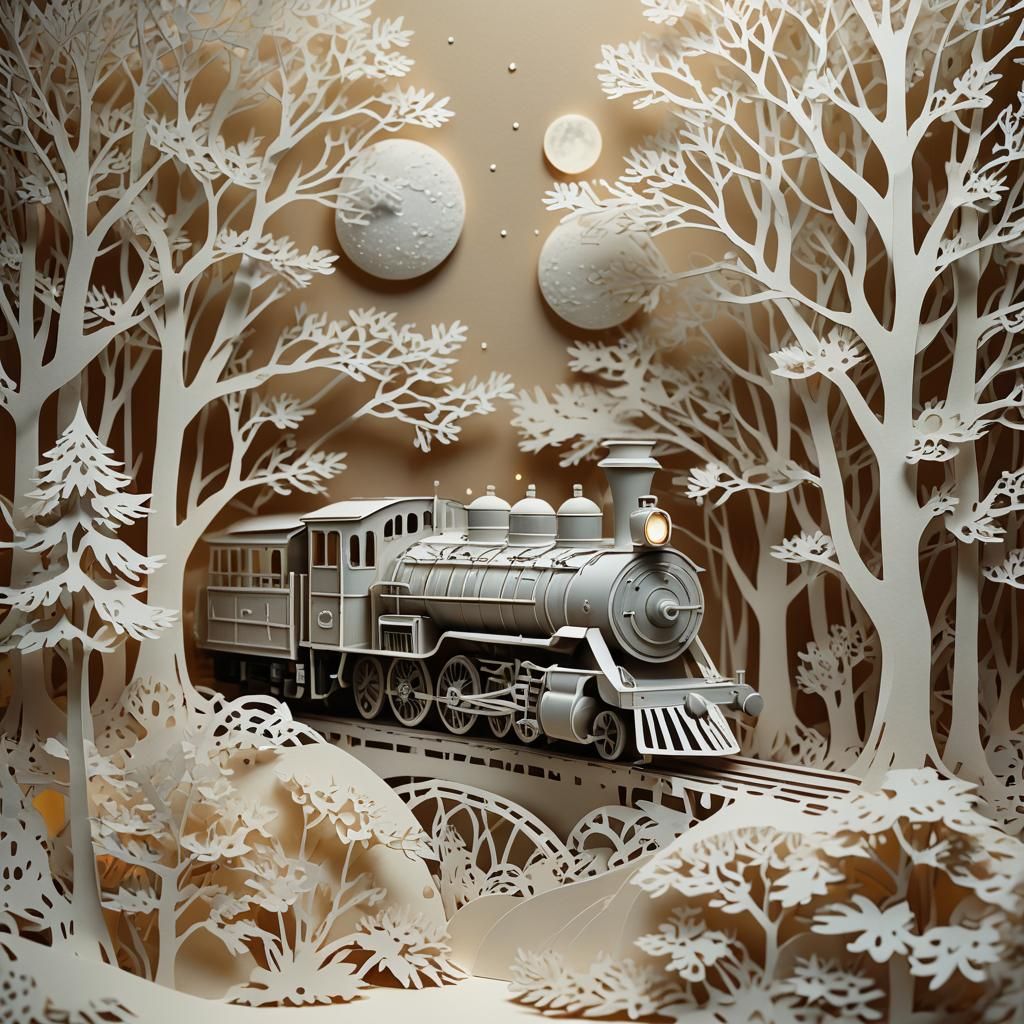 Vintage Locomotive in Moonlit Forest, Kirigami Style