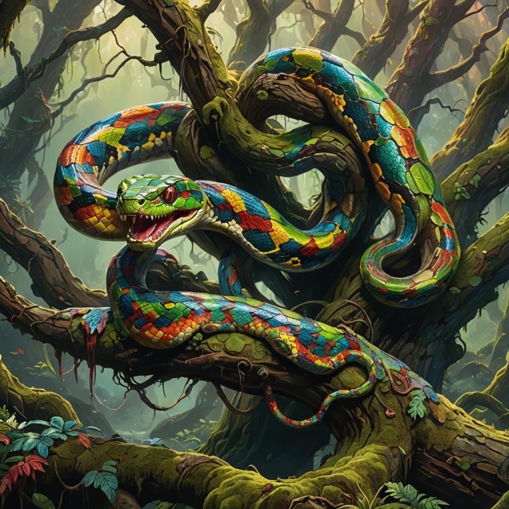 Rainbow Serpent Coiled on Ancient Branch as Oil Painting