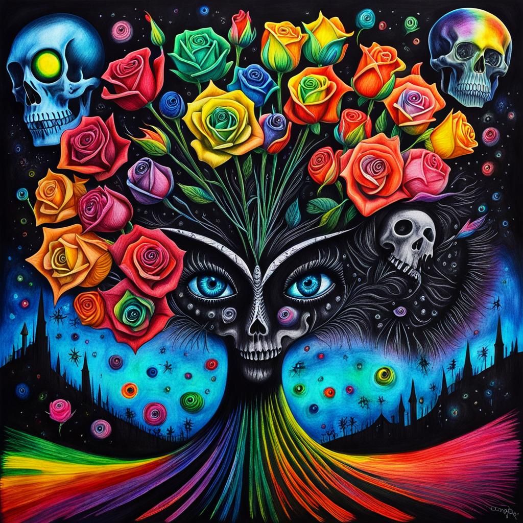 Surreal Crayon Drawing: Goth Woman in Darkness