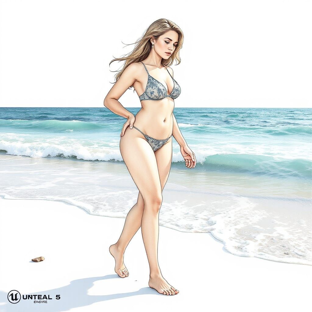 Detailed Line Drawing of Curvy Woman on Beach