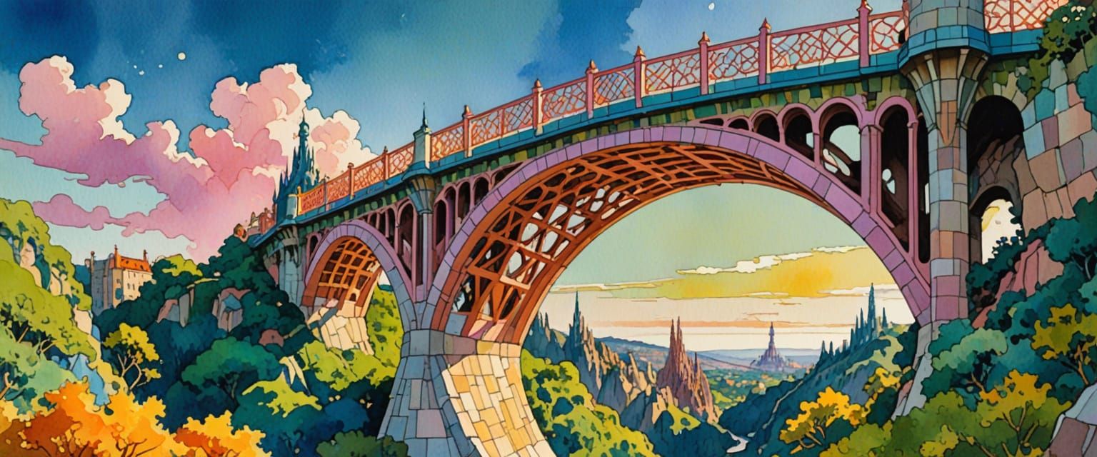 Whimsical Bridge Design in Mixed Artistic Styles