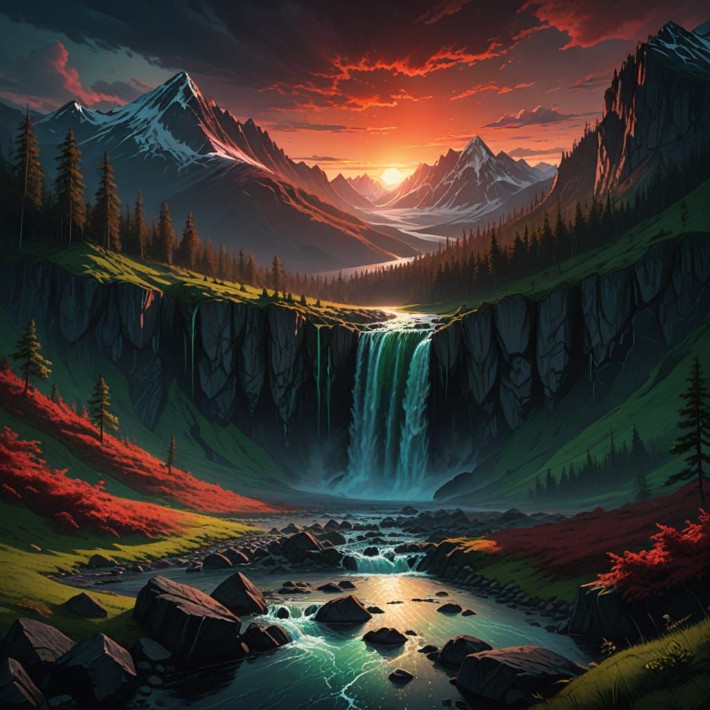 Ultra Dark Sunset Over Taiga With Reflecting Waterfall
