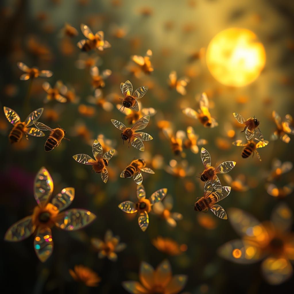 Bees Dance in Ethereal Moonlit Garden with Shimmering Trails