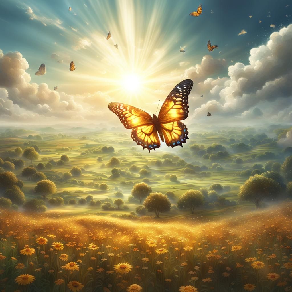 Butterfly over Fields in Divine Sunshine