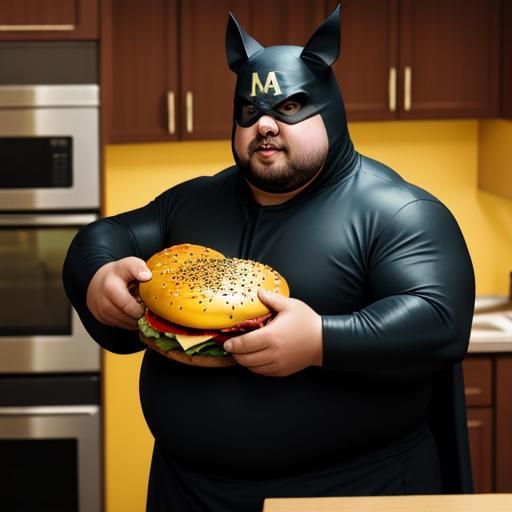Fat Superhero in a bat costume eats a burger in his kitchen