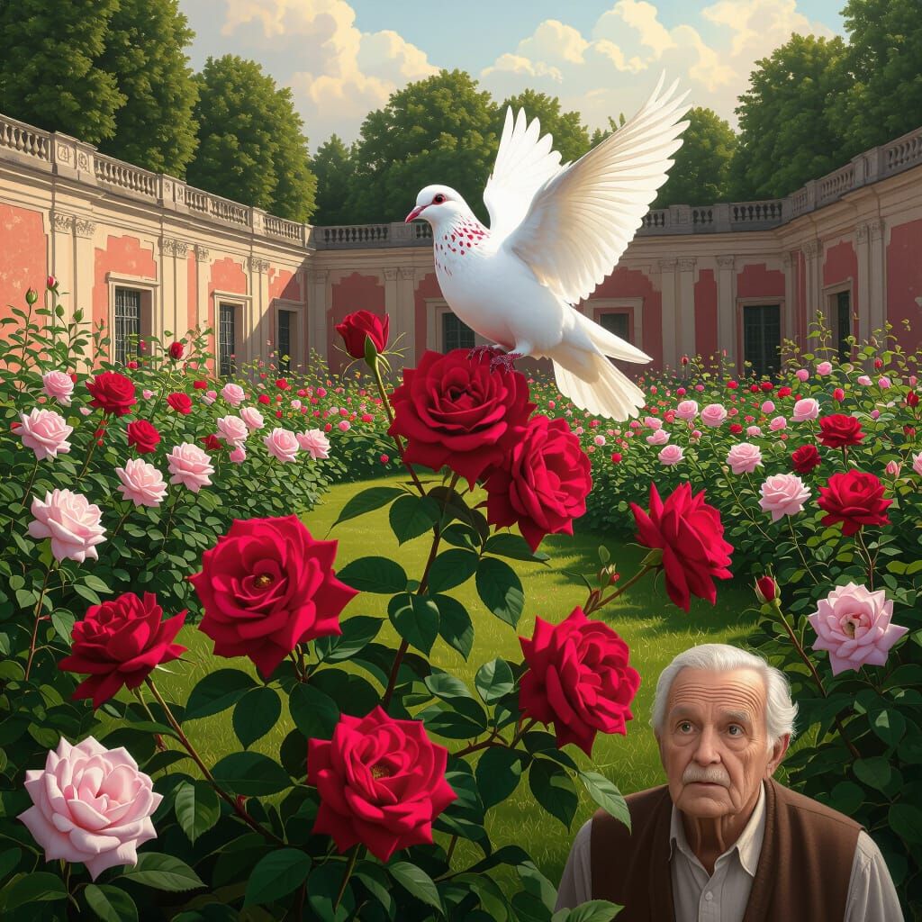 Palace Rose Garden Withering Under Dove's Gaze