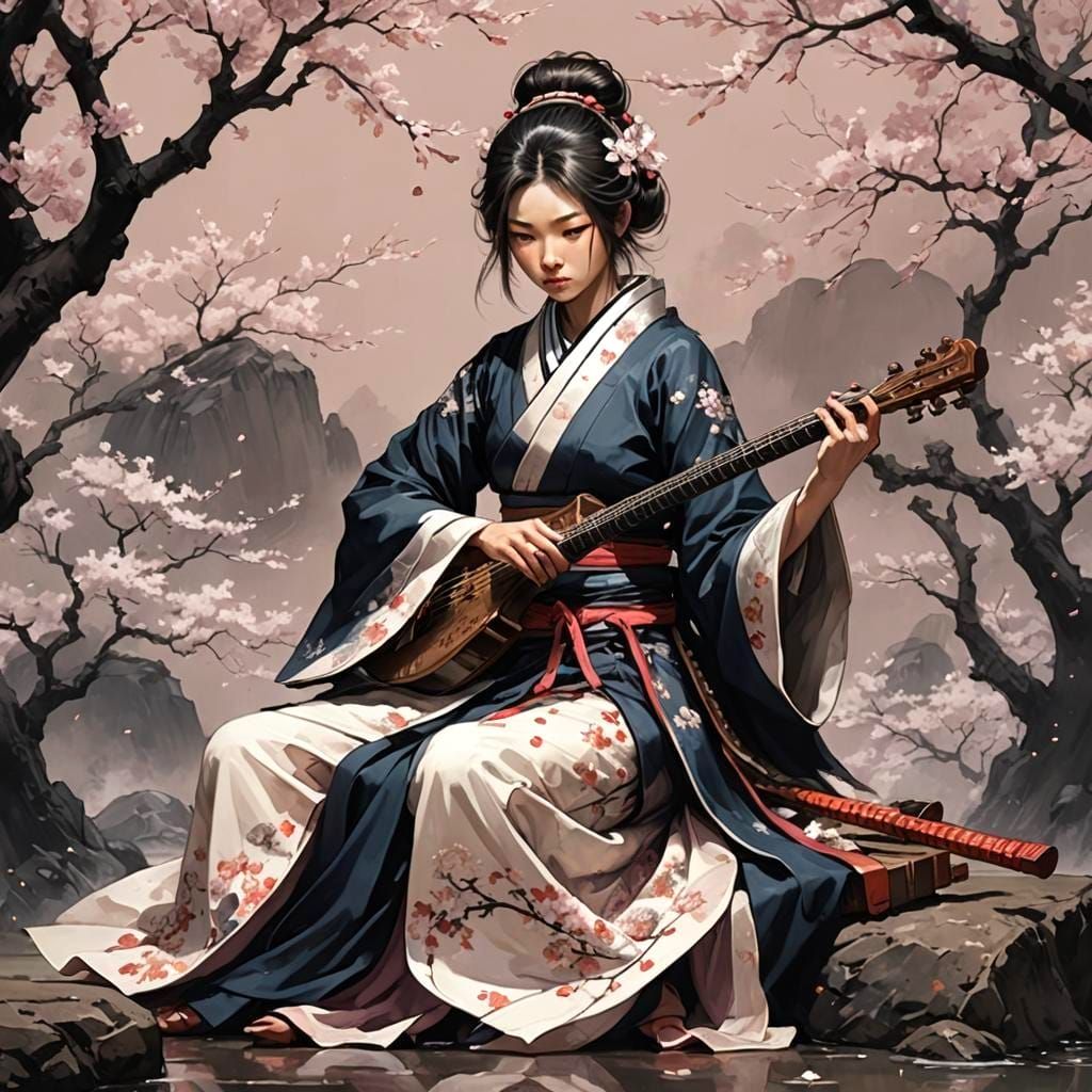 Elegant Shamisen Player in Dark Fantasy Ink Art