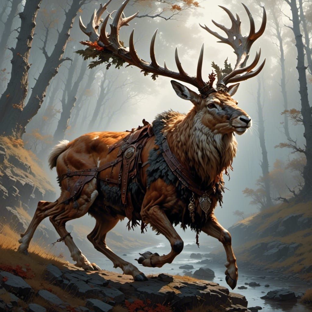 Ominous Druid and Jackalope in Roman Oil Style