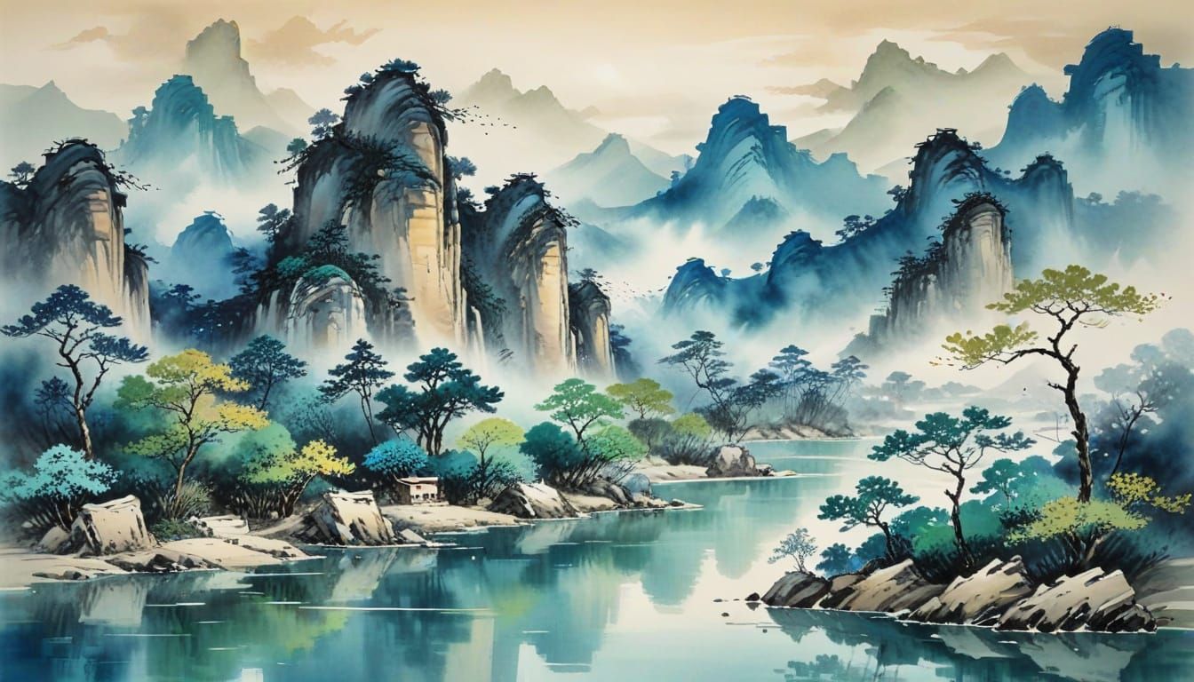 Tranquil Landscape in Chinese Ink Painting Style