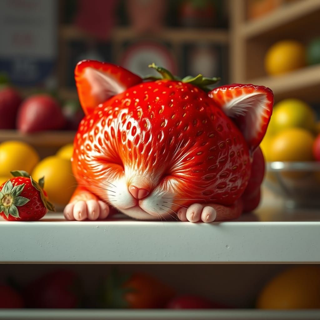Whimsical Strawberry Kitten Asleep in a Fruit Shop