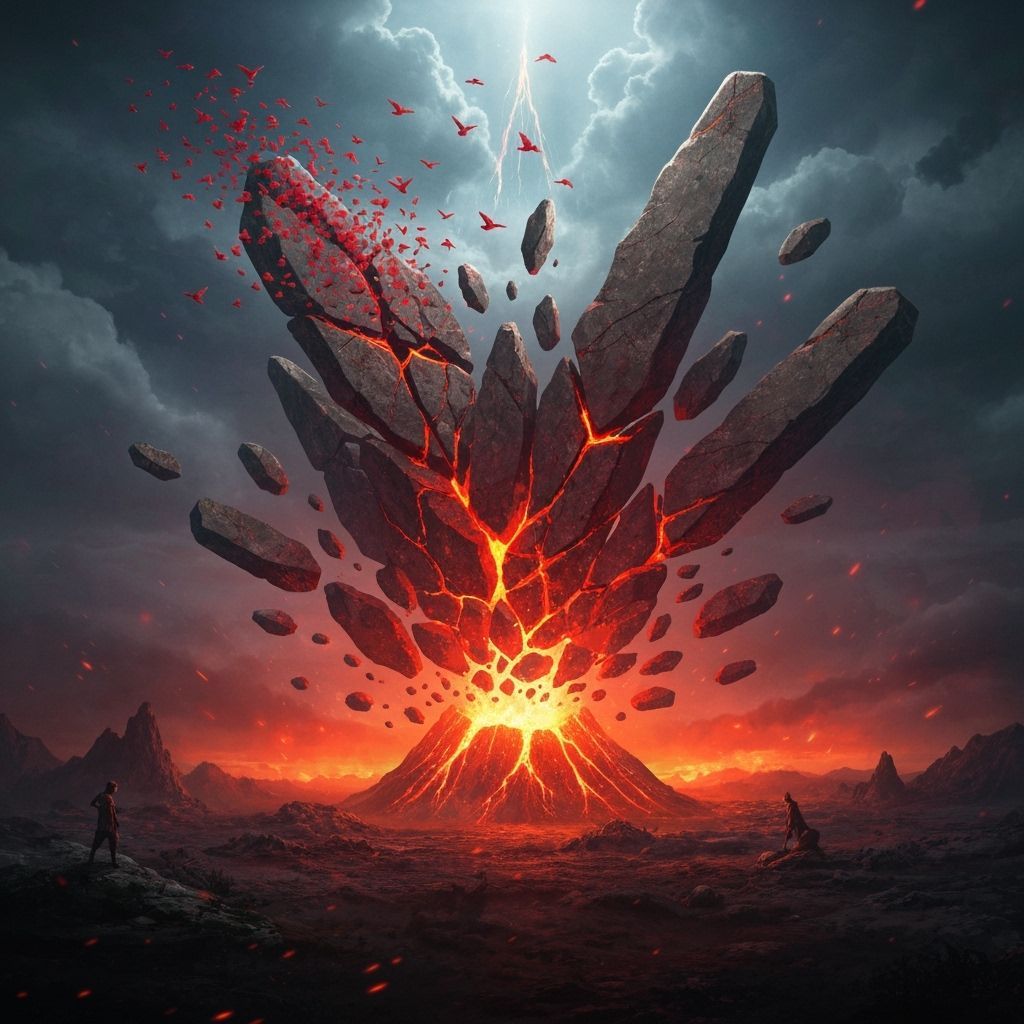 Red Puzzle Explodes Over Volcano in Epic Fantasy Style
