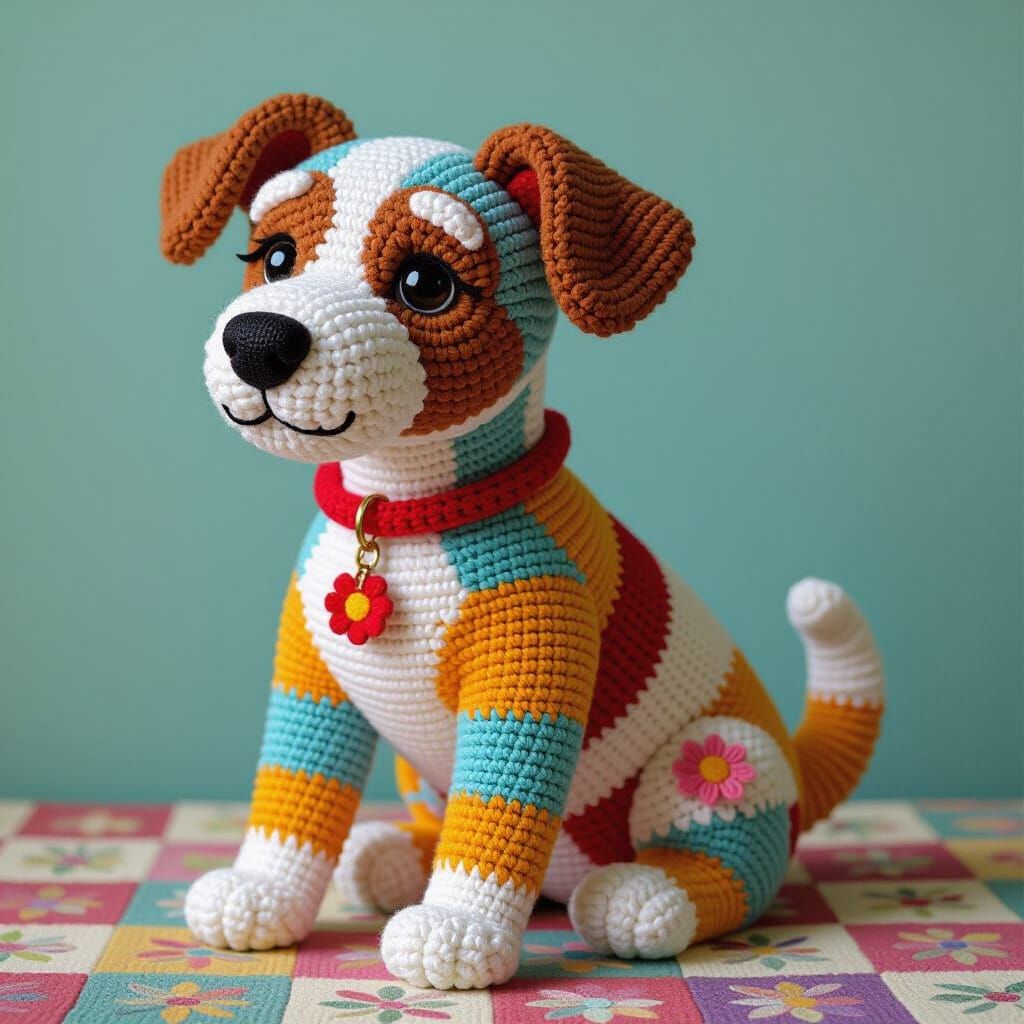 Crocheted Dog with Whimsical Folk Art Textures