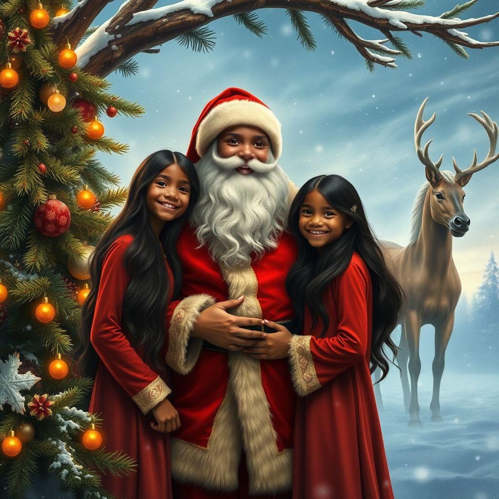 Father Christmas with Smiling Girls Near Christmas Tree