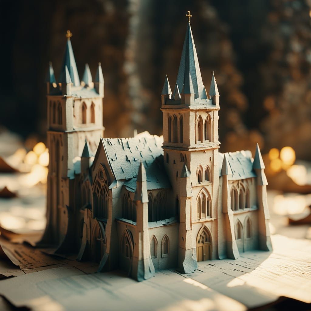 Miniature Medieval Cathedral Crafted from Torn Paper