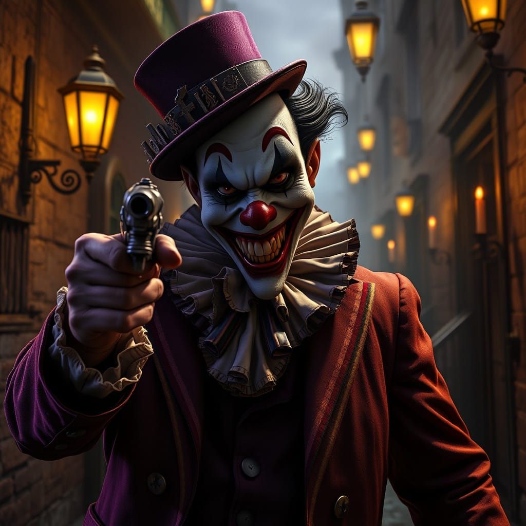 Sinister Clown Points Gun in Dark Alleyway